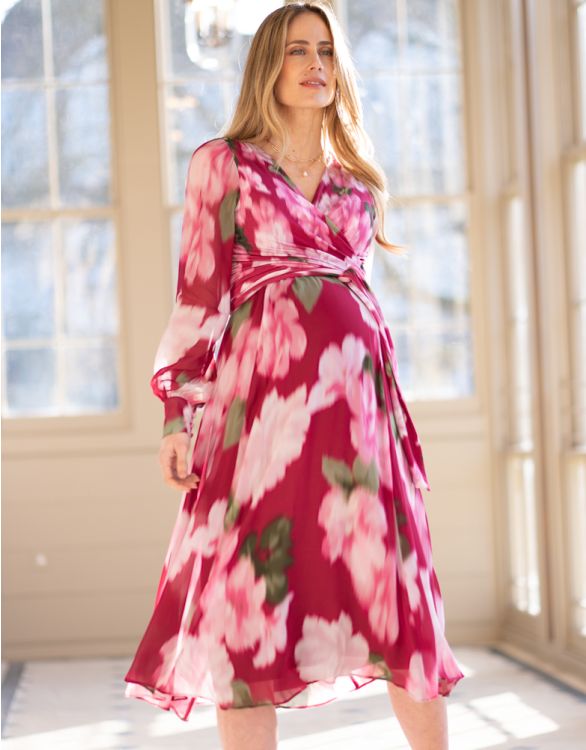 Image for Berry Floral Wrap Maternity & Nursing Midi Dress