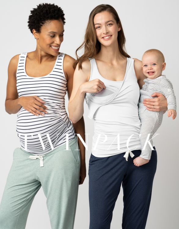 Imagen de Paquete de dos camisetas sin mangas esenciales de maternidad a lactancia en blanco y rayas