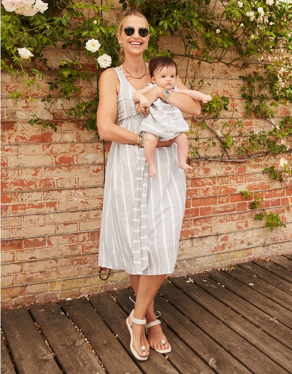 Image for Stripe Cotton Maternity to Nursing Wrap Dress – Sage & White 