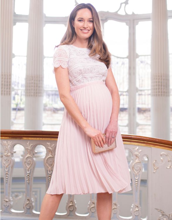 Imagen de Vestido premamá rosa plisado con top color marfil