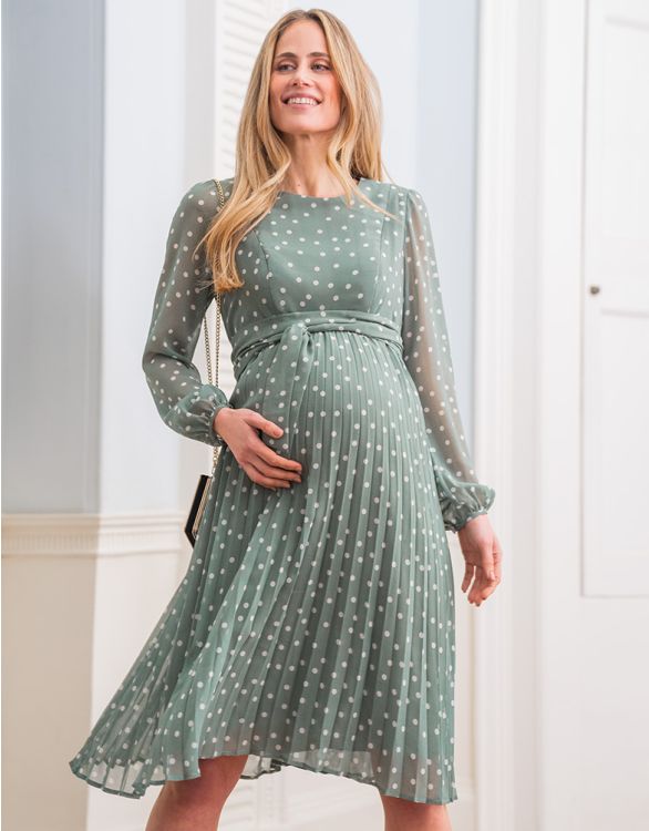 afbeelding voor Zwangerschaps- en borstvoedingsjurk van chiffon met polkadotstippen in saliegroen