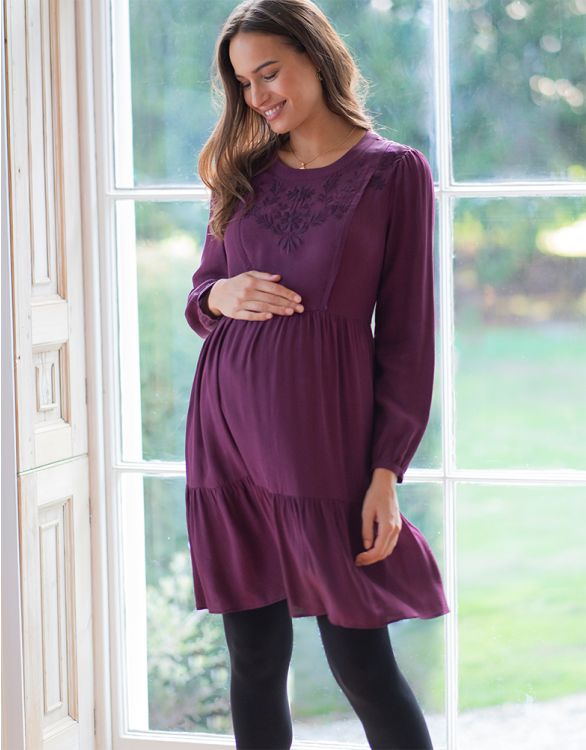 Image for Plum Embroidered Maternity & Nursing Dress