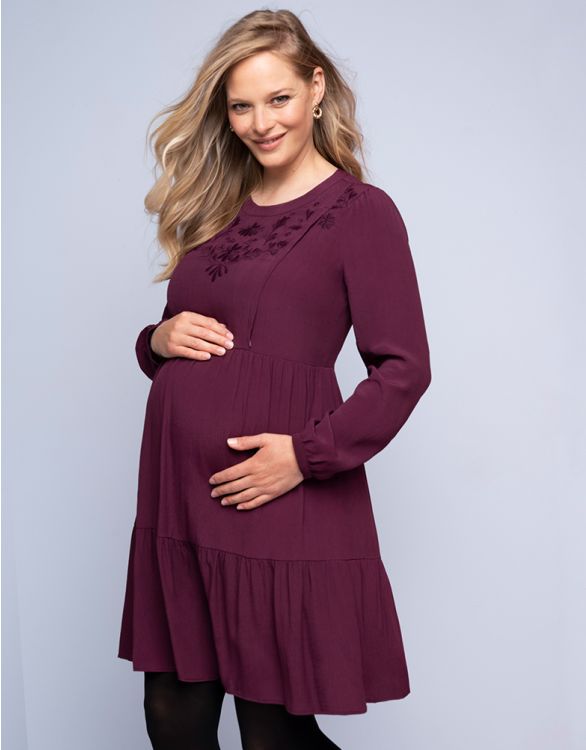 Image for Plum Embroidered Maternity & Nursing Dress