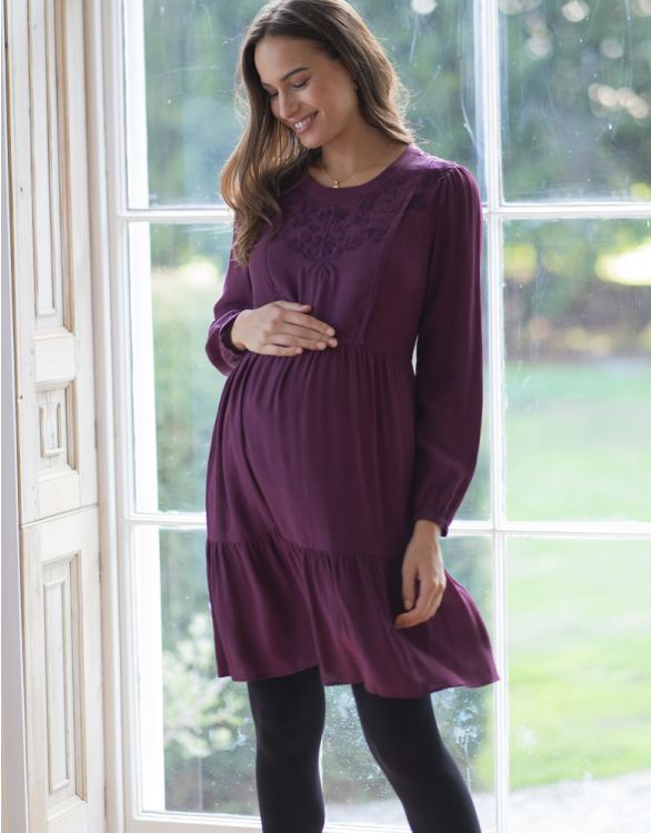 afbeelding voor Plum Embroidered Maternity & Nursing Dress