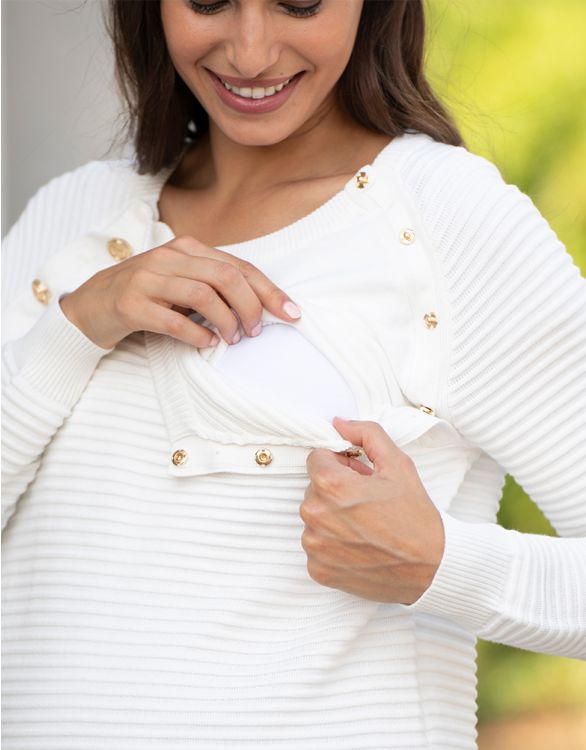 Pull grossesse et allaitement en maille côtelée de coton – Crème