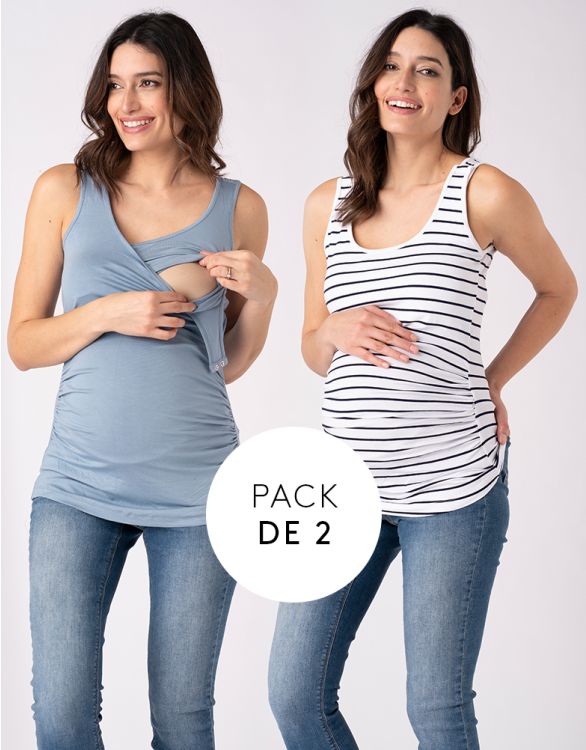Imagen de Paquete de dos camisetas sin mangas esenciales de maternidad a lactancia en azul y rayas