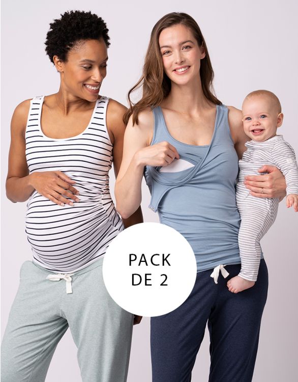 Imagen de Paquete de dos camisetas sin mangas esenciales de maternidad a lactancia en azul y rayas