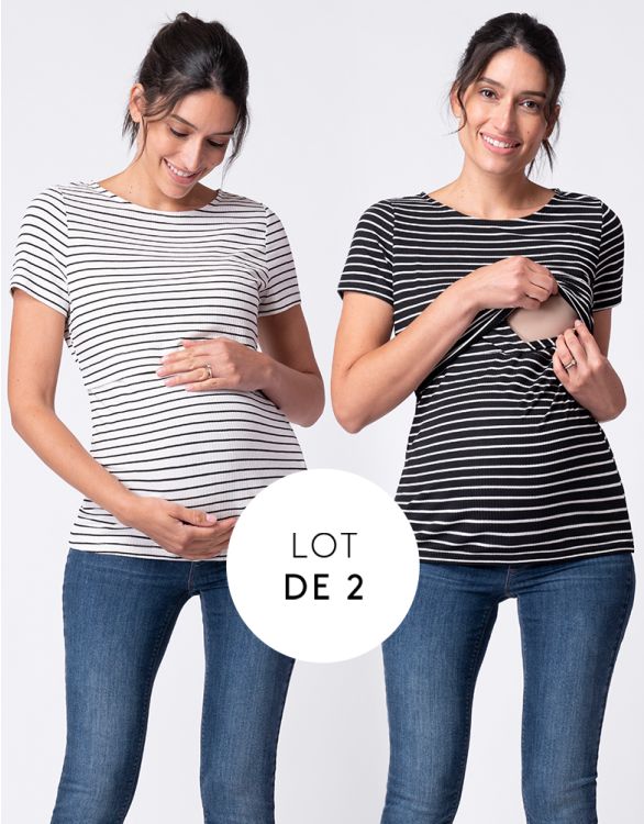 Image pour Lot de deux t-shirts rayés essentiels de grossesse à allaitement