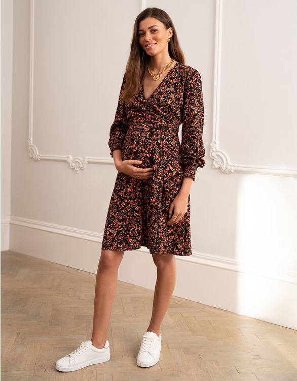 afbeelding voor Zwangerschapsjurk met overslag en bloemenpatroon