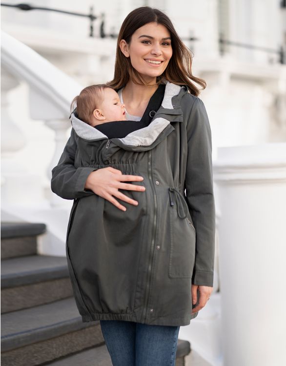 Imagen de Parka utilitaria 4 en 1 caqui chaqueta de maternidad a porteo con capucha