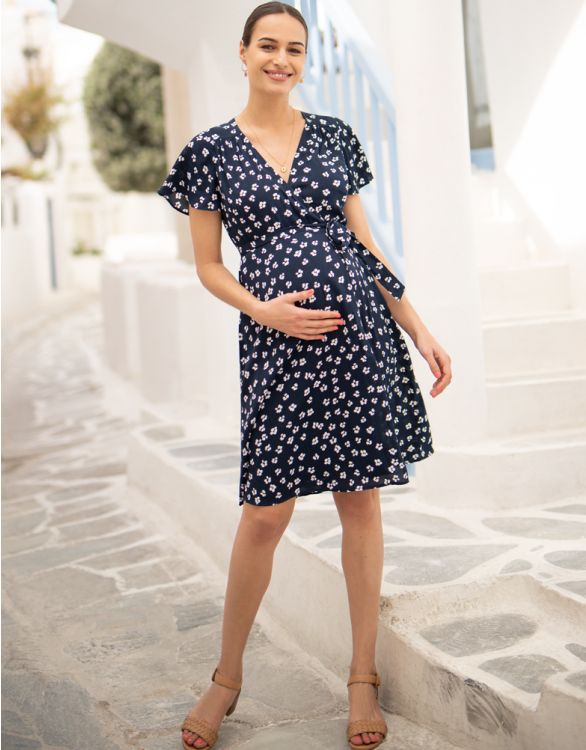 Image for Navy Floral Wrap Maternity Dress