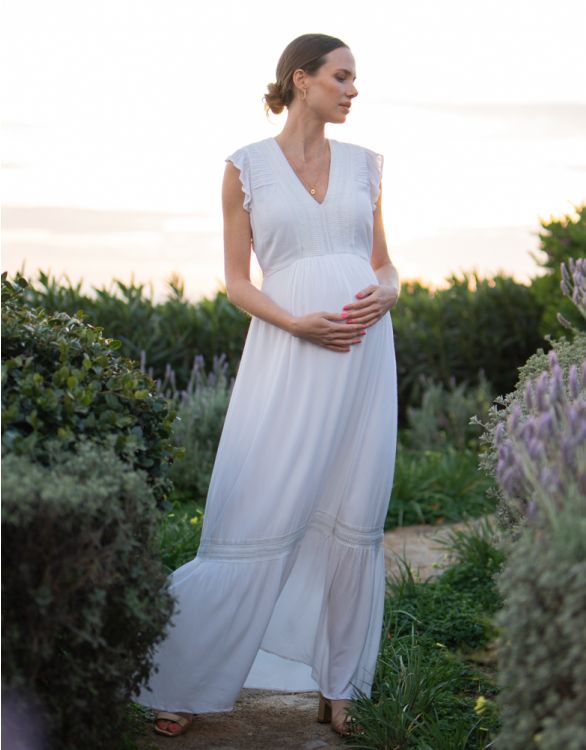 afbeelding voor Witte Boho kanten zwangerschaps- en borstvoedingsmaxi-jurk