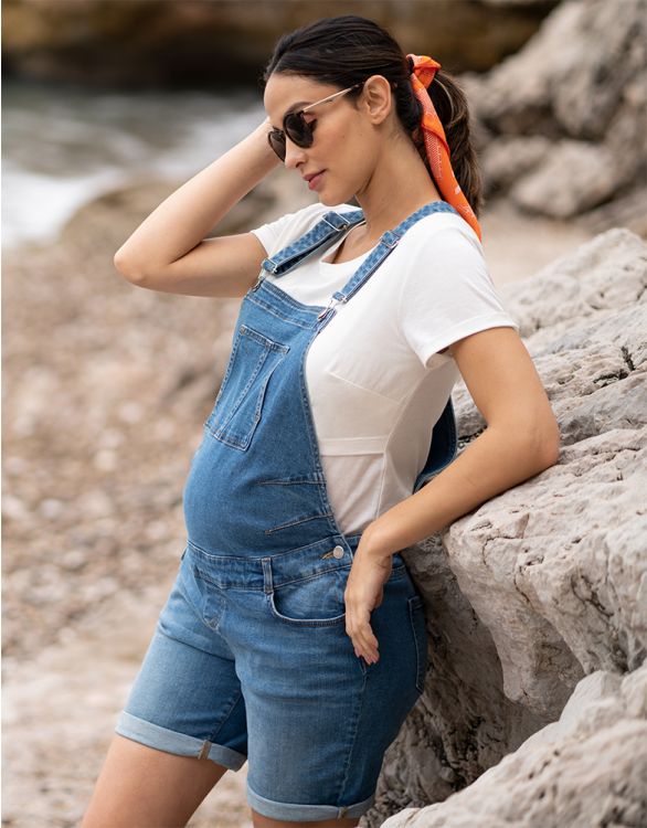 Image pour Salopette short maternité en jean en coton – Bleu