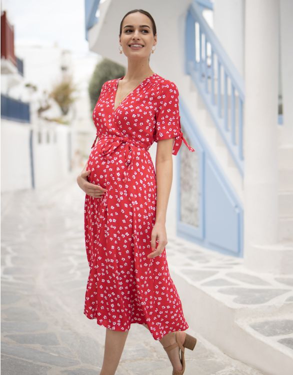 Image for Red Midi Wrap Maternity Dress