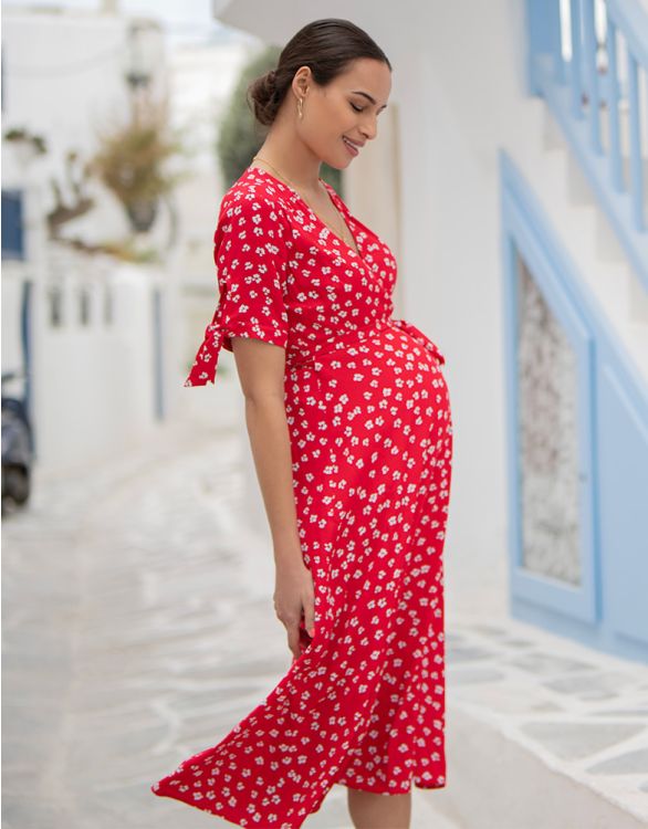 afbeelding voor Rode midi wikkel-zwangerschapsjurk