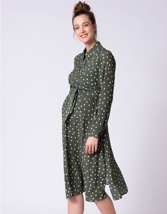 Imagen de Maternity to Nursing Midi Dress Polka Dot Print – Khaki