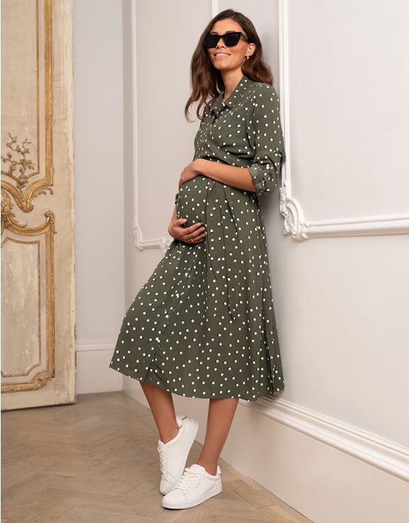 Image for Khaki Polka Dot Maternity & Nursing Shirt Dress