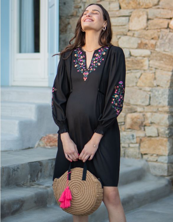 Image pour Black Embroidered Maternity & Nursing Dress