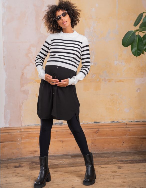 Image for Black Maternity & Nursing Dress with Breton Sweater