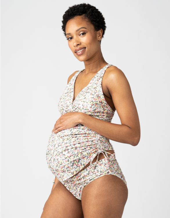 Image for Floral Print Ruched Maternity Tankini Set – Khaki