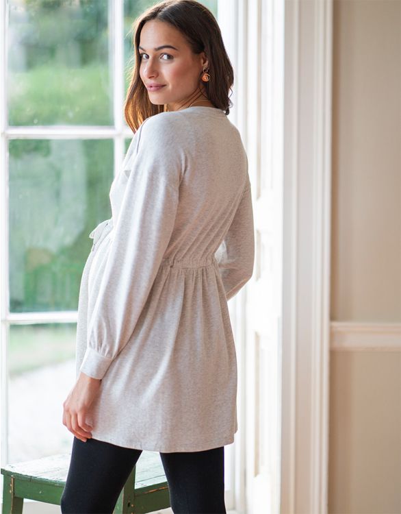Image pour Robe de grossesse à allaitement en molleton gris avec cordon de serrage