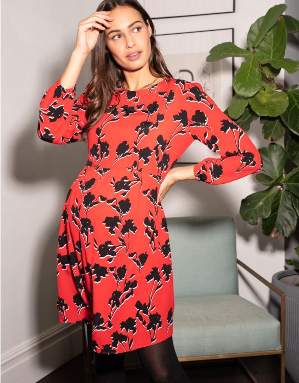 Image for Red Floral Tiered Maternity & Nursing Dress