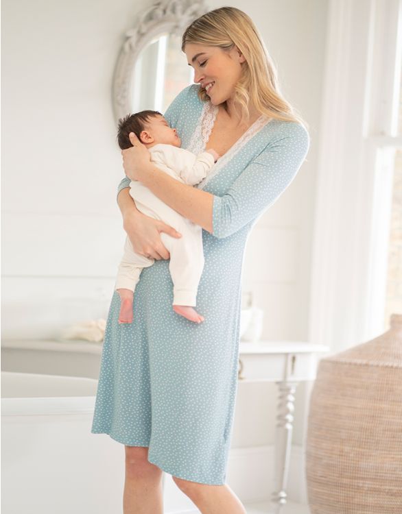 Image pour Chemise de nuit de maternité à allaitement bordée de dentelle sauge et à pois blancs