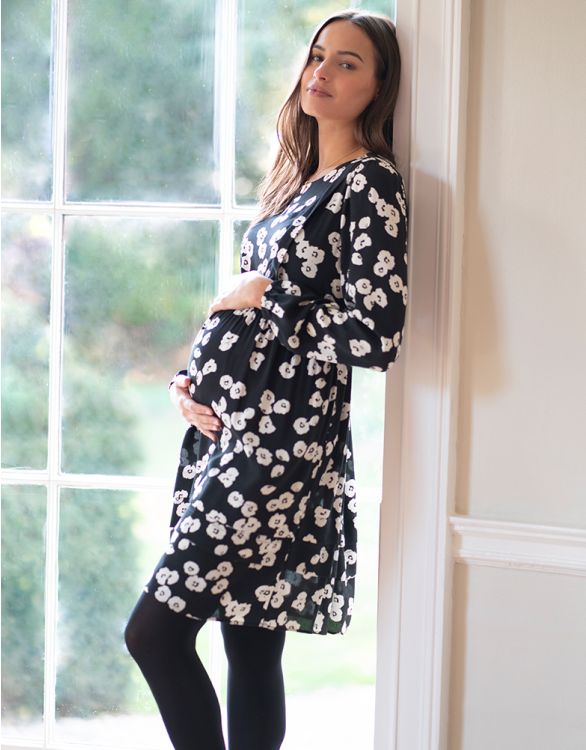 Image pour Robe maternité et allaitement imprimé floral – Noir/Blanc