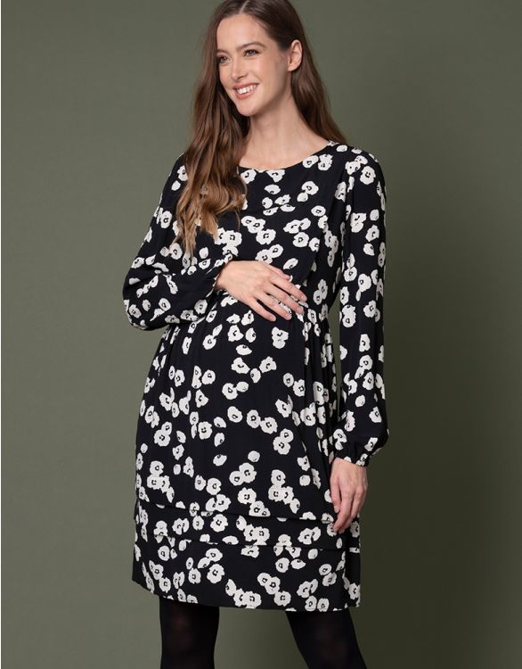 Image pour Robe grossesse et allaitement imprimé floral – Noir/Blanc