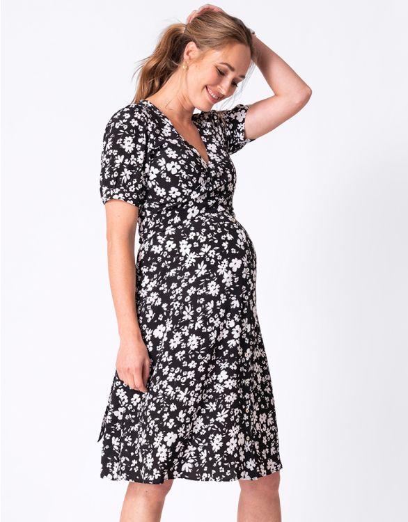 Image for Black Floral Print Maternity & Nursing Dress