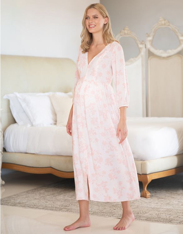 afbeelding voor Zwangerschapsjurk met retro bloemenprint tot midi-nachthemd voor borstvoeding