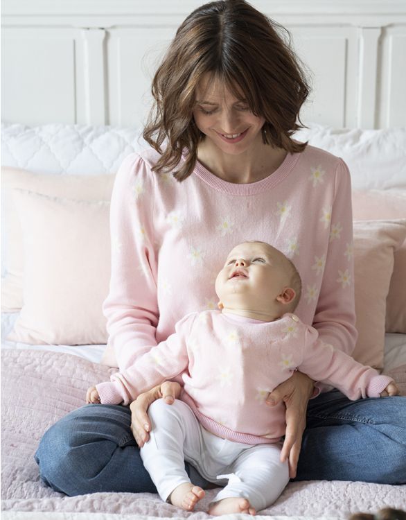 Image for Mama & Mini Set of Matching Pink Daisy Flower Knitted Jumpers