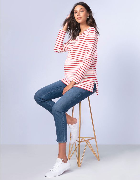 Image for Red Stripe Cotton Maternity & Nursing Top