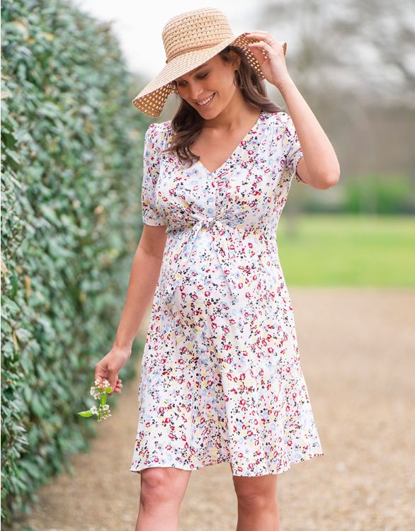 Image for White Floral Front Tie Maternity Dress 