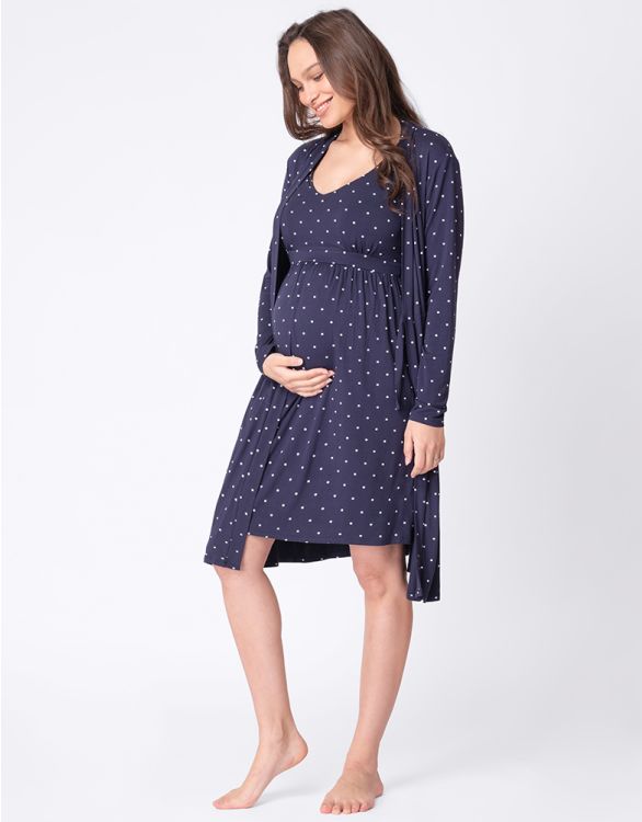 Shopymommy 18428 Lace Strappy Maternity & Nursing Nightgown With Robe Set  Navy Blue
