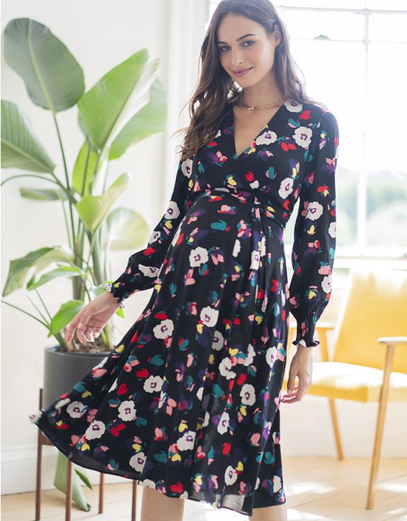 Image for Black Floral Maternity Midi Dress