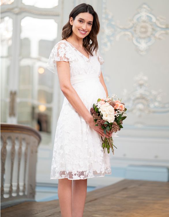 Imagen de Vestido premamá de encaje floral blanco para ocasión de lactancia