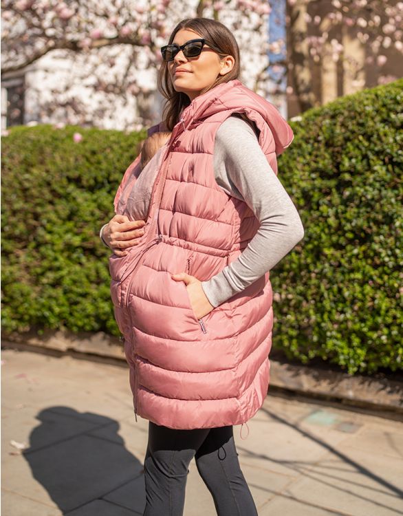 Image for Pink Longline Padded 3 In 1 Maternity to Babywearing Gilet with Hood