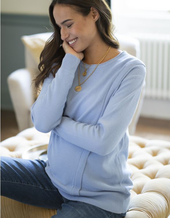 Image for Light Blue Panelled Knit Maternity to Nursing Sweater