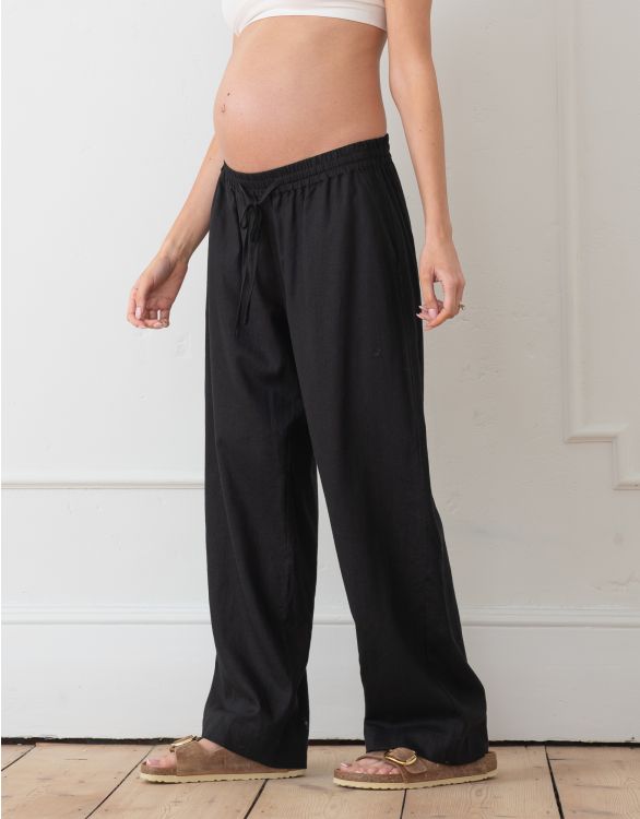 Image pour Pantalon noir en mélange de lin et à jambes larges en-dessous du ventre