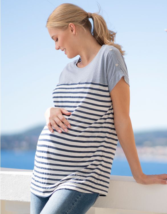 Imagen de Camiseta de mezcla de lino a rayas de maternidad a lactancia - Azul y blanco