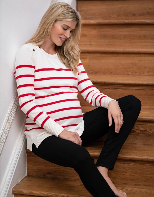 Image for Red & White Striped Cotton Maternity & Nursing Sweater