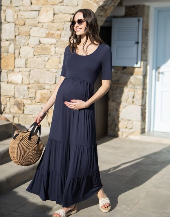 Image pour Robe longue maternité et allaitement en jersey bleu marine