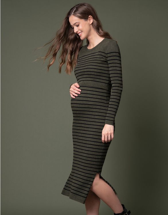 Image for Khaki Ribbed Maternity & Nursing Midi Dress