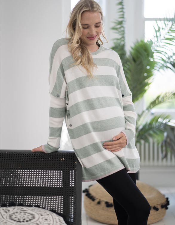 Image for Bold Stripe Boxy Fit Maternity to Nursing Top in Green & White