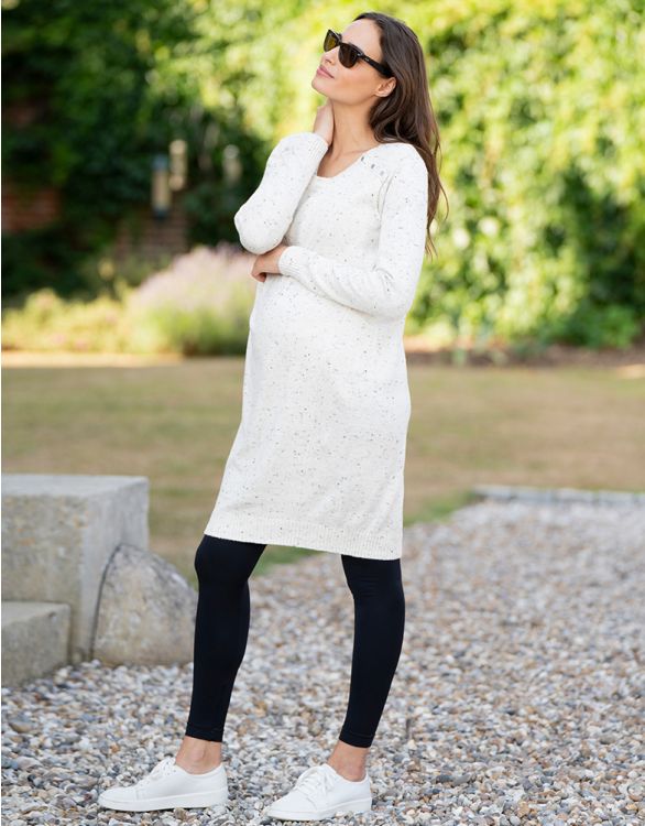 Imagen de Flecked Cotton Blend Maternity to Nursing Jumper Dress – Cream