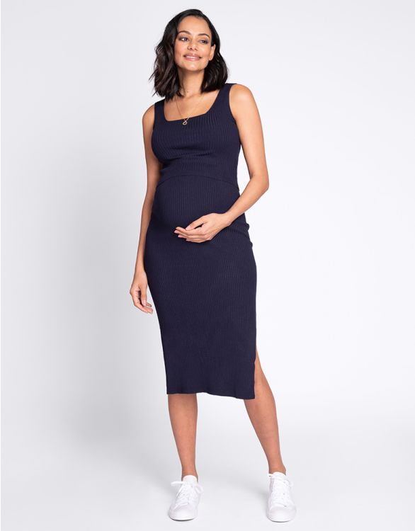 Image for Navy Blue Ribbed Maternity & Nursing Midi Dress 