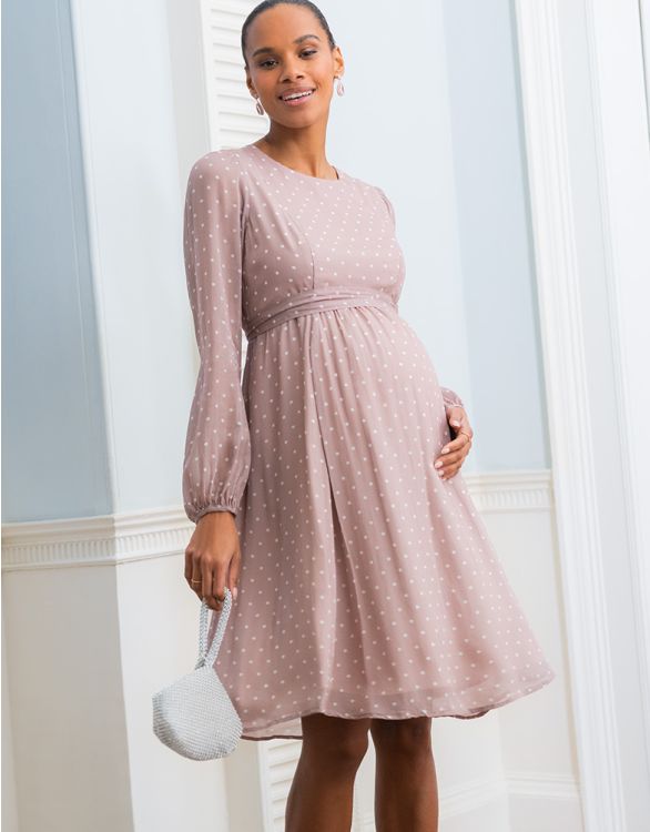 afbeelding voor Taupe en witte stippen chiffon jurk voor zwangerschap tot borstvoeding