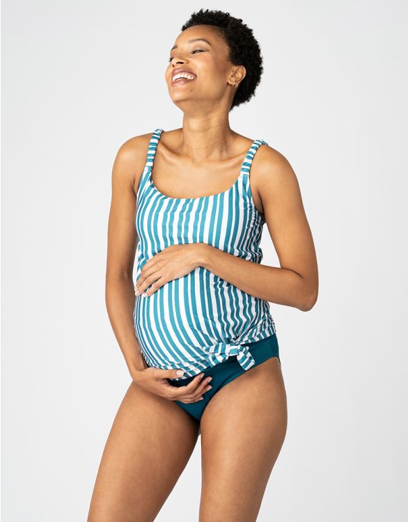 afbeelding voor Stripe Maternity to Nursing Tankini Set – Aqua & White