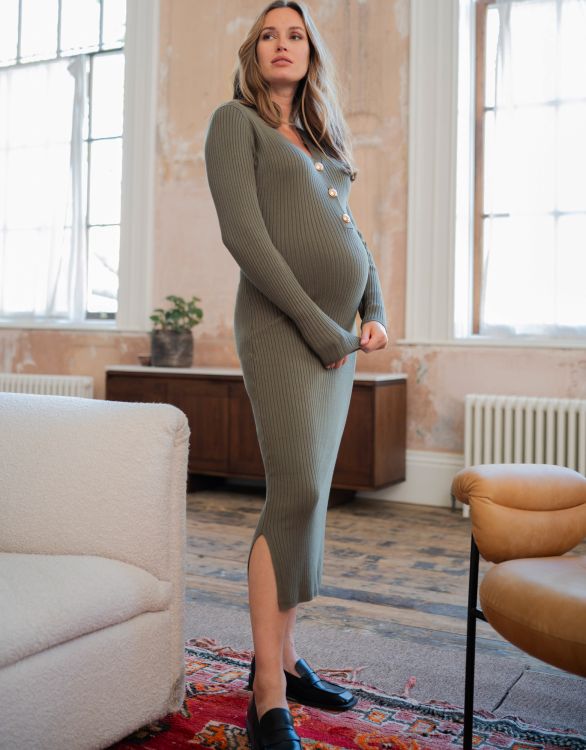 afbeelding voor Khaki geribde gebreide midi zwangerschapsjurk